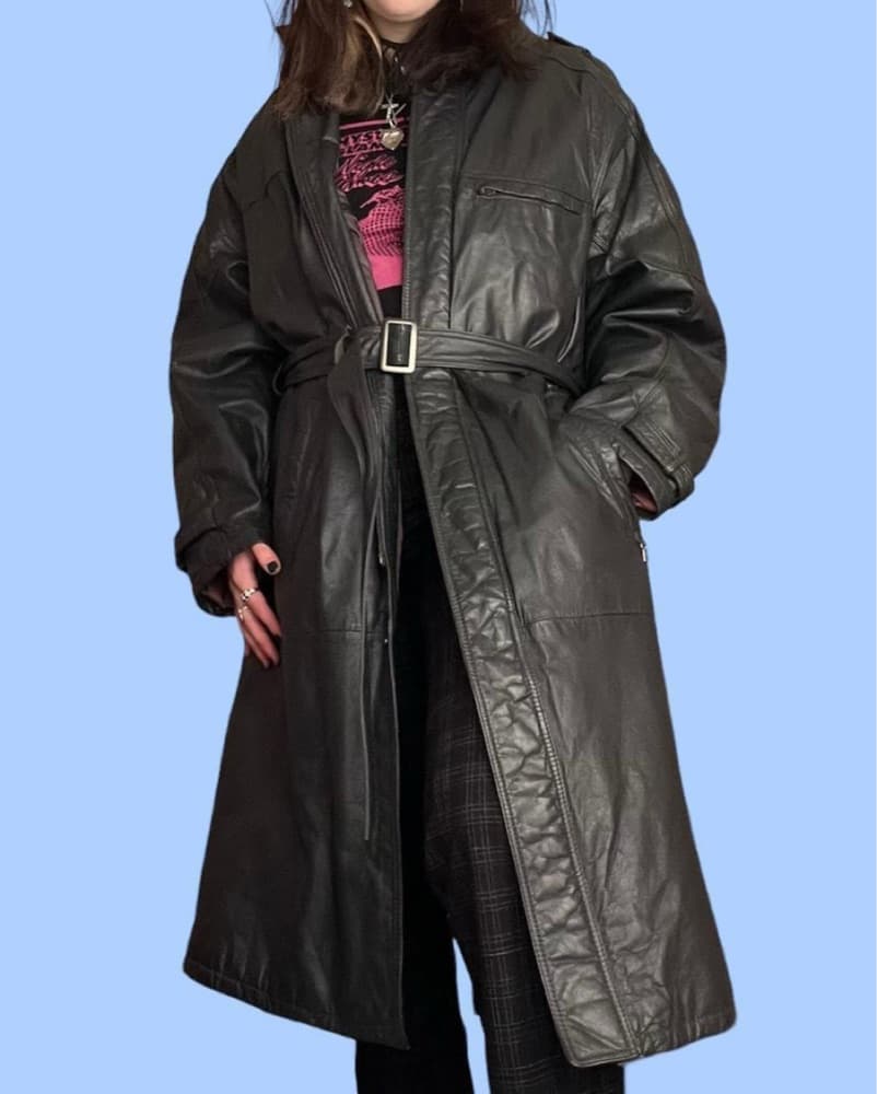 Vintage Black Faux Leather Trench Coat - Image 1