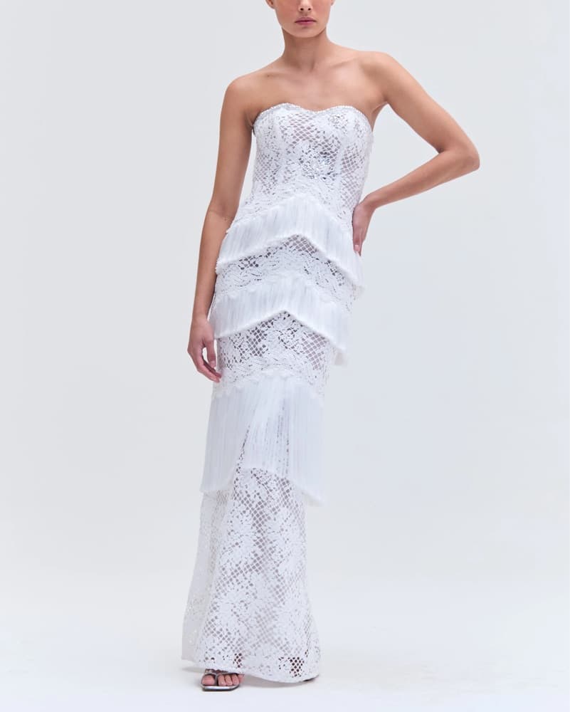 Patbo Beaded White Lace Fringe Gown XS - Image 1