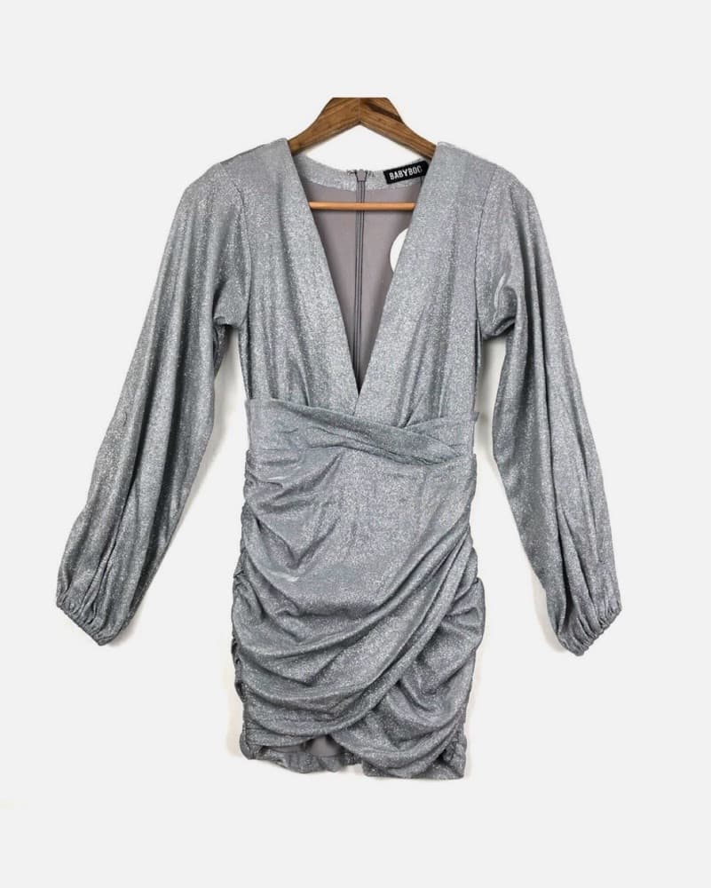 Silver Glitter Long Sleeve Mini Dress - Image 2