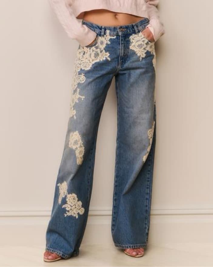 Embroidered Denim Flare Jeans With Lace - Image 3