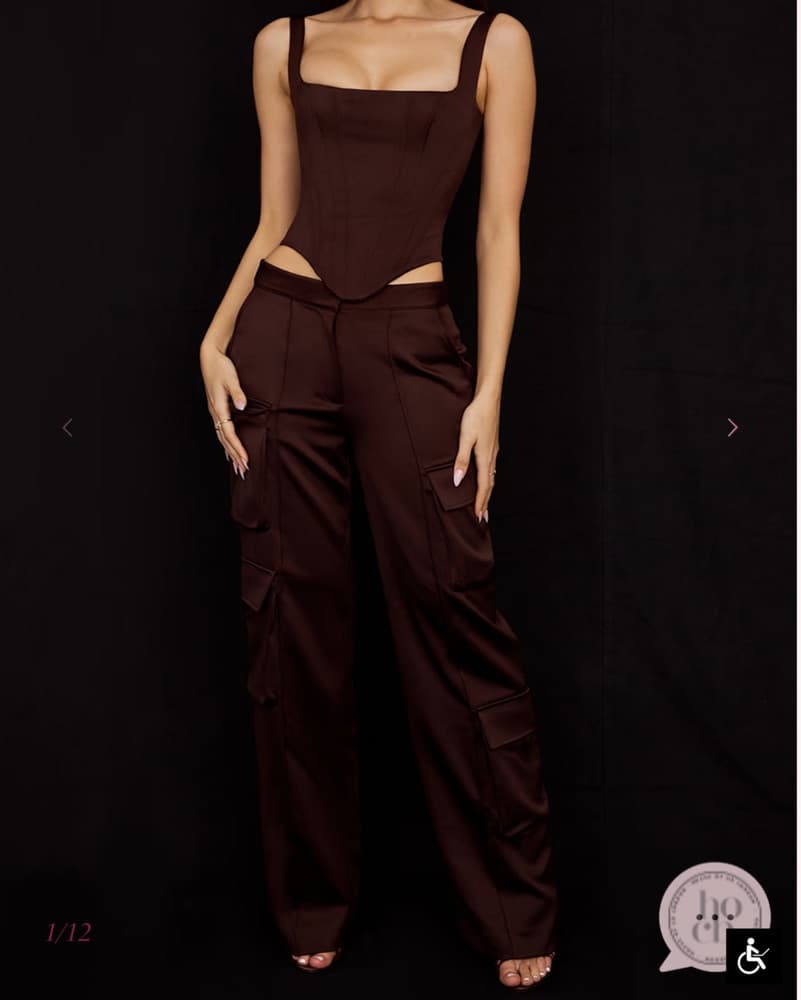DARIA Chocolate Satin Cargo Trousers - Image 1