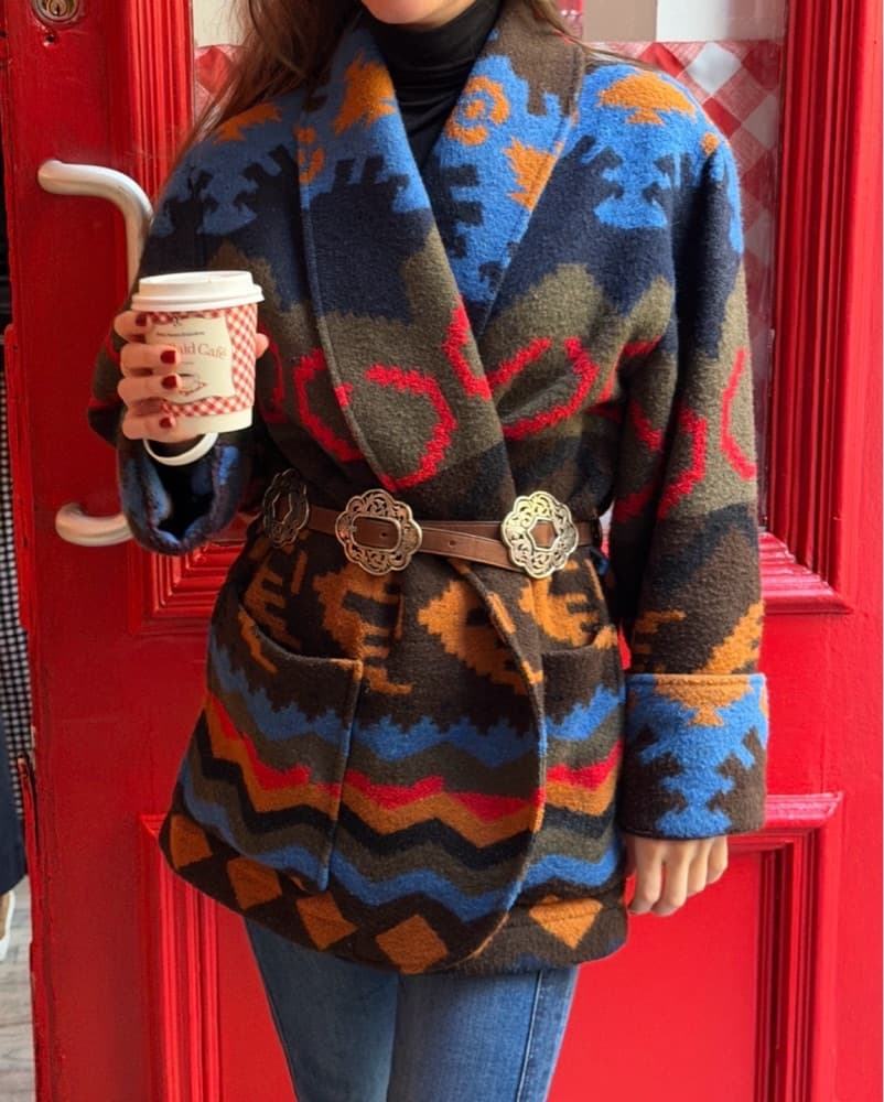Vintage aztec wool belted coat - Image 3