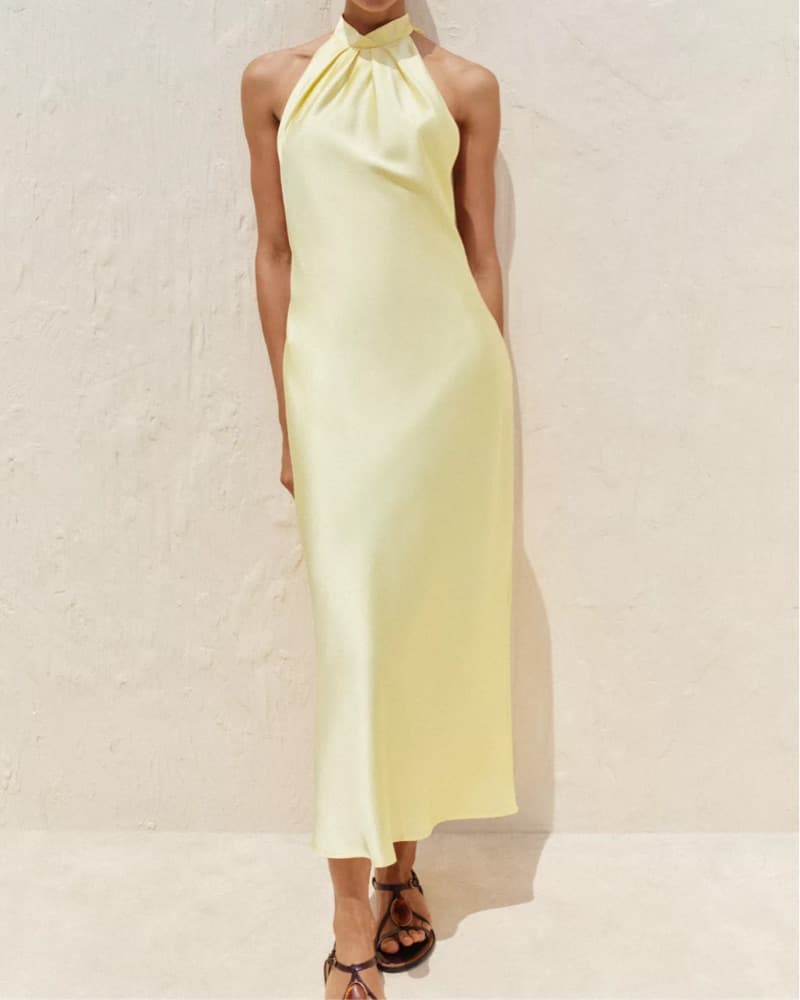 Pale Yellow Halter Midi Dress - Image 1