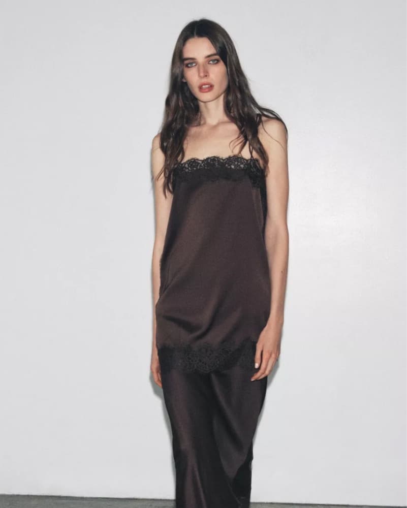 Zara Satin Effect Lace Top In Dark Brown - Image 1
