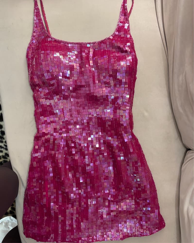 Vintage Pink Sequin Beaded Mini Dress - Image 1