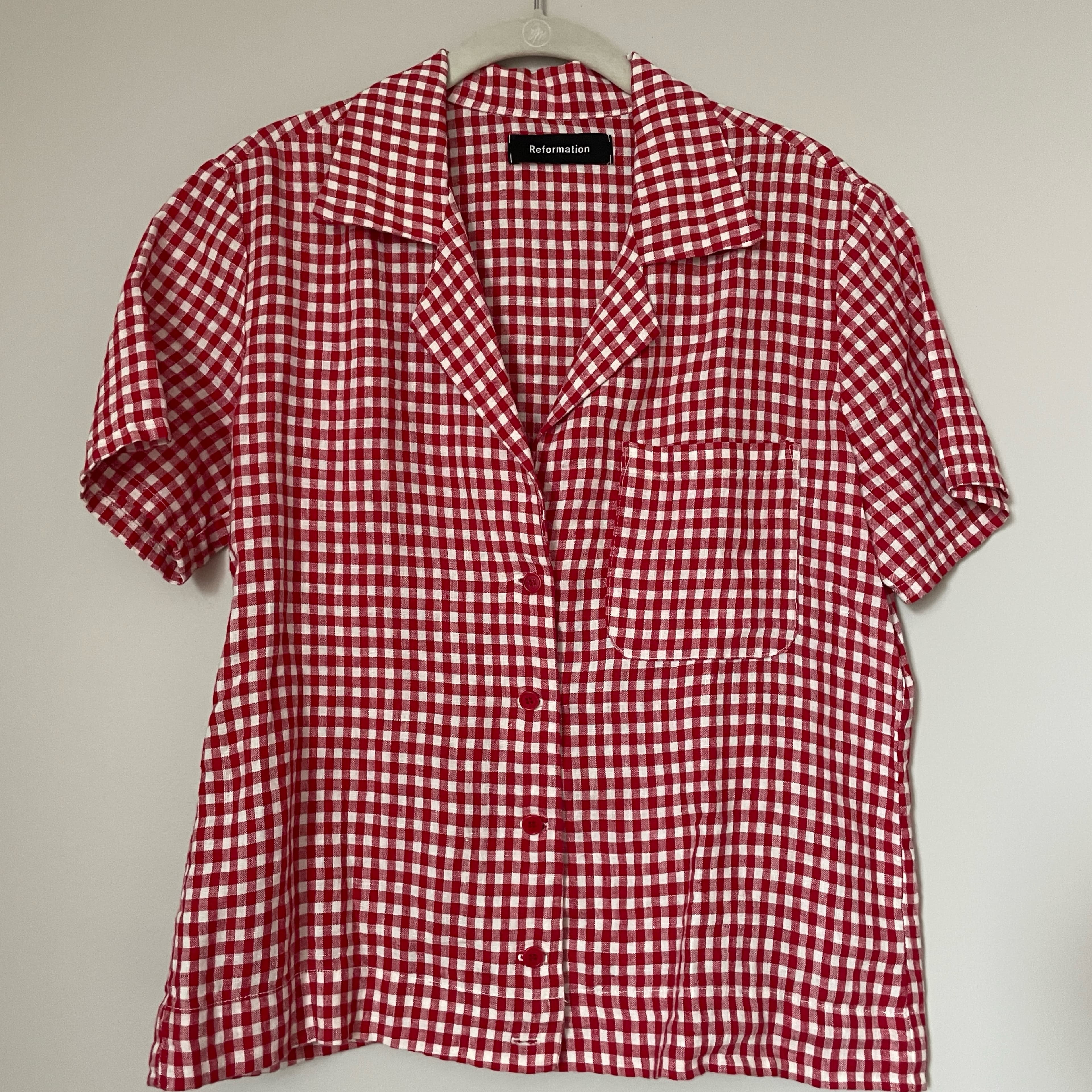 Reformation Red Gingham Linen Shirt - Image 3