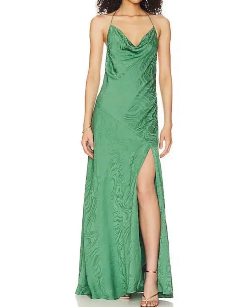 Green Satin Backless Dress - Image 3