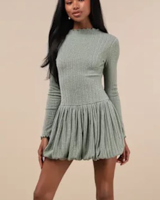 Green Ribbed Knit Mini Dress - Image 2