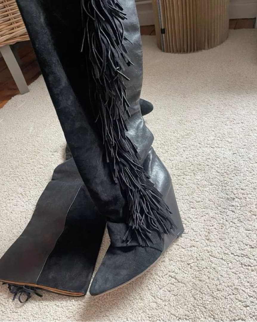 Celine Black Suede Fringe Boho Boots - Image 3