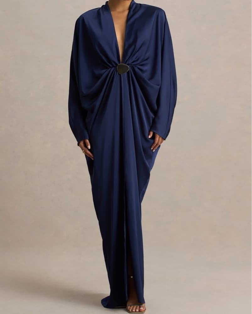 Timeless Elegance in Tina's Navy Satin Gown - Image 1