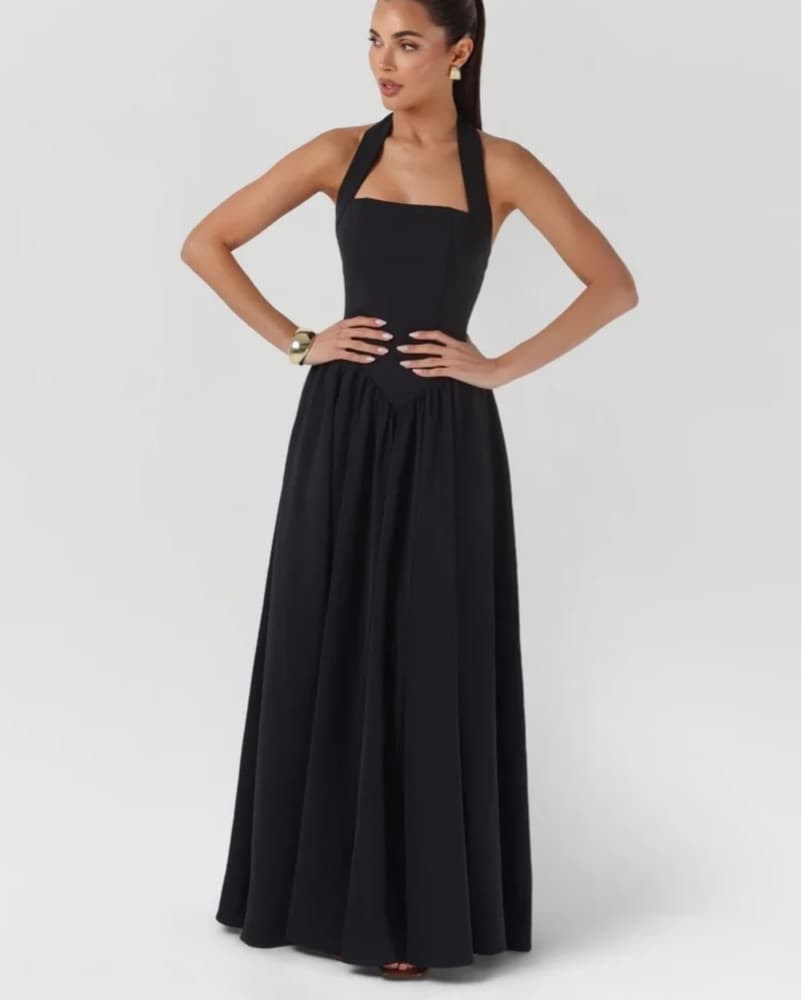 Contour A-Line Black Halter Gown - Image 1
