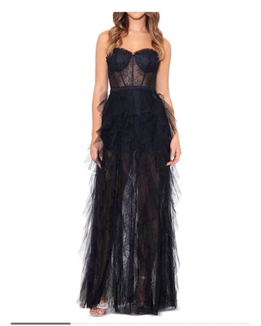 Aqua Strapless Lace Tulle Ruffle Gown - Image 2
