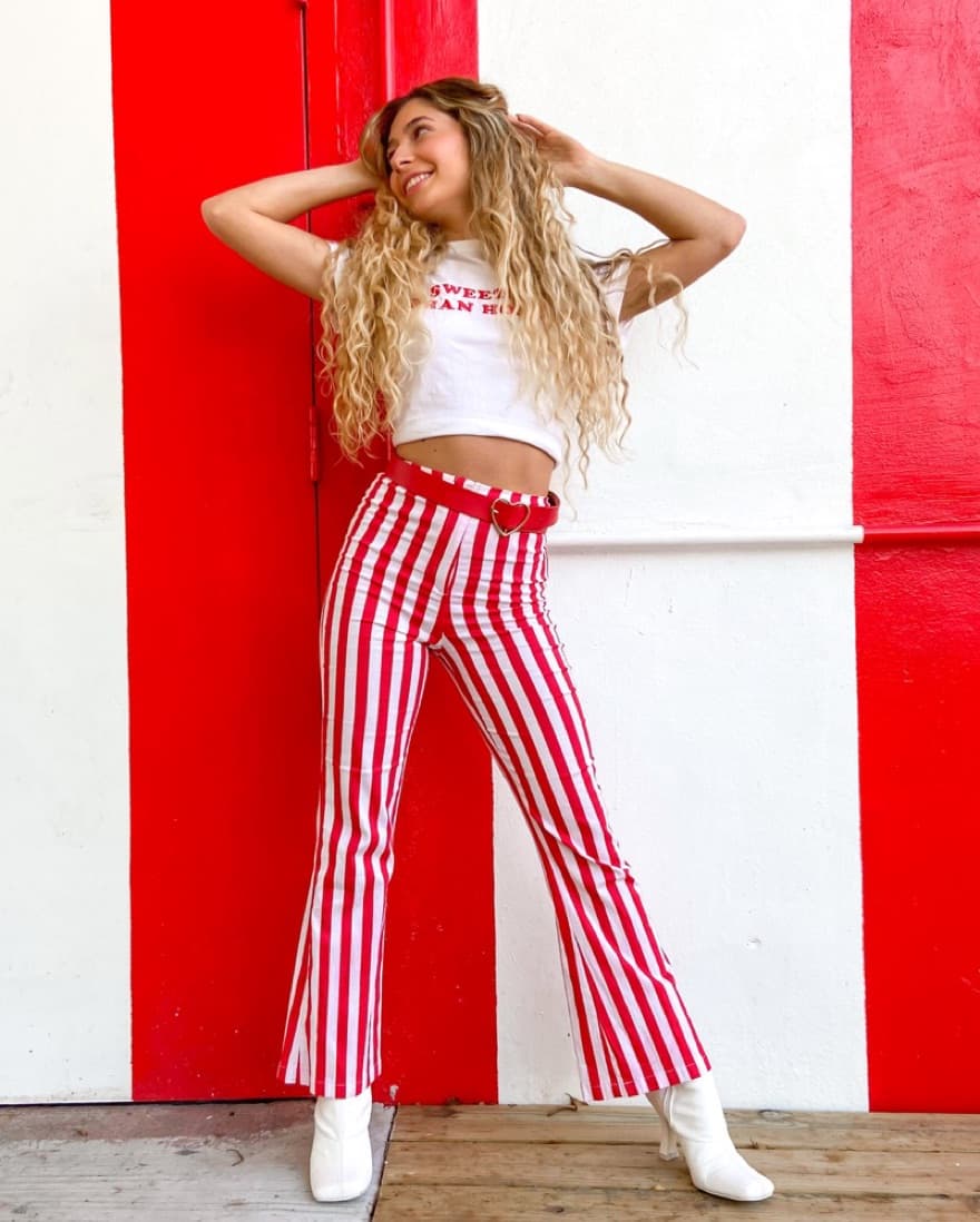 Red Striped Tight Pants, Embroidered Tee - Image 3