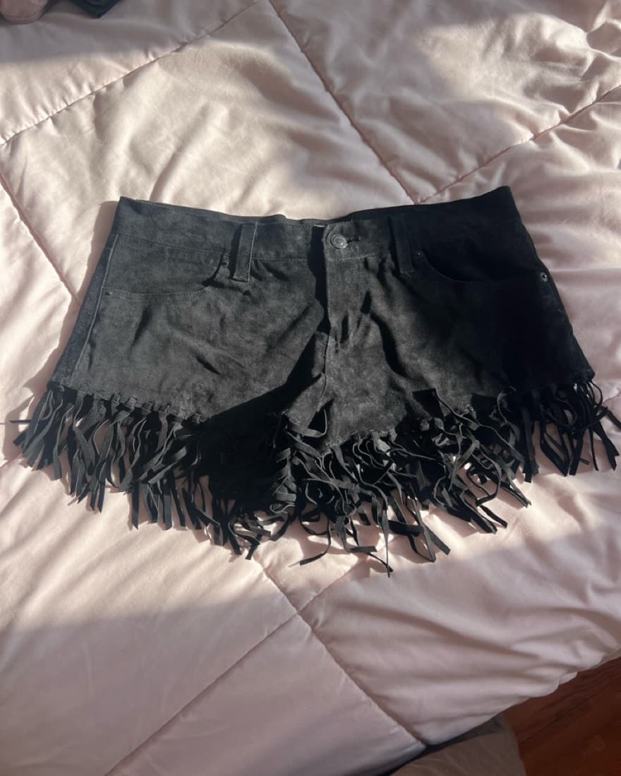 Black Fringe Suede Shorts - Image 1
