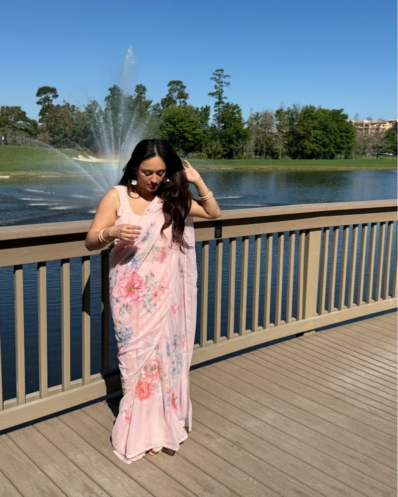 Peach/Pink Floral Chiffon Saree Set - Image 4