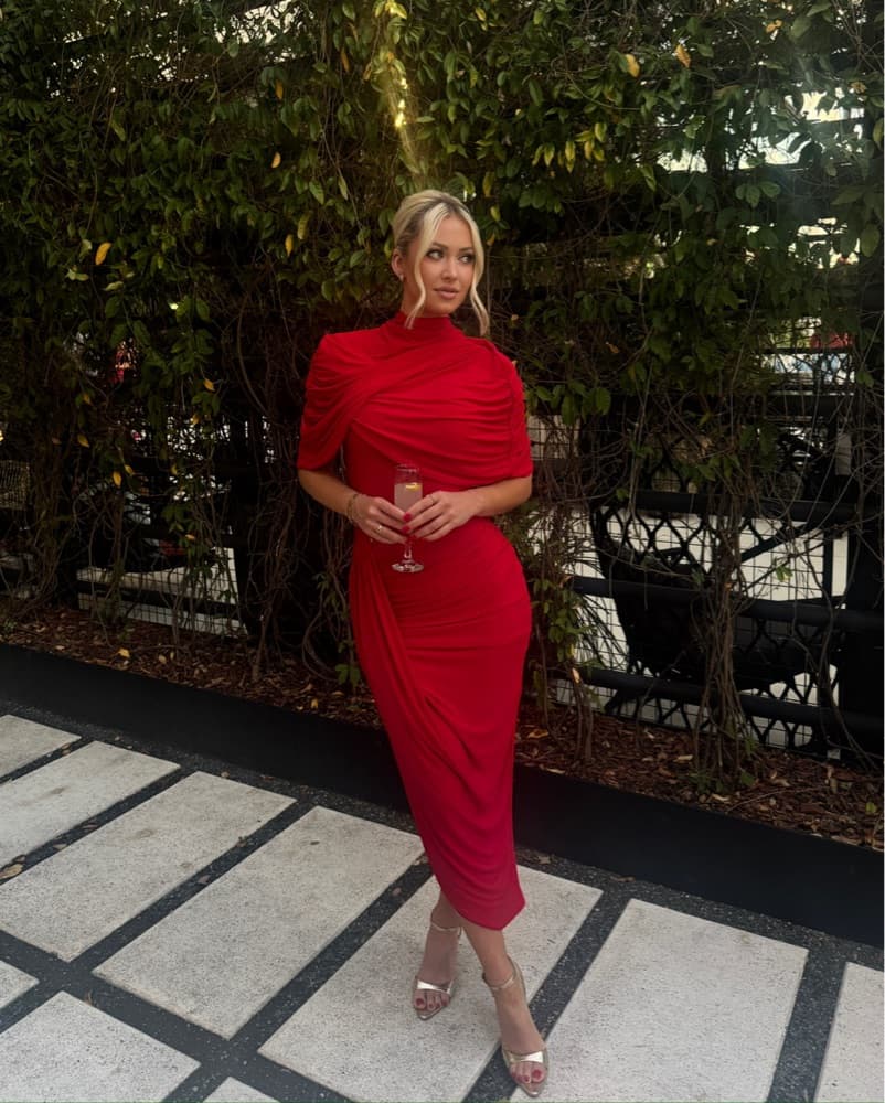 Ravishing Red Ruched Midi Dress - Image 1