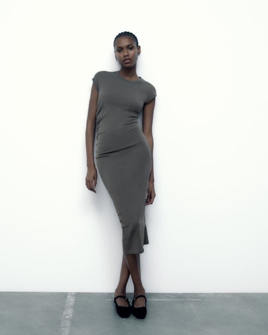 Gray Midi Dress With Side Ruching - Image 1
