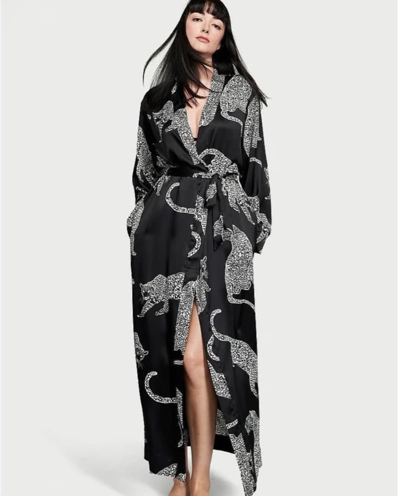 Black Satin Leopard Print Kimono Robe - Image 1