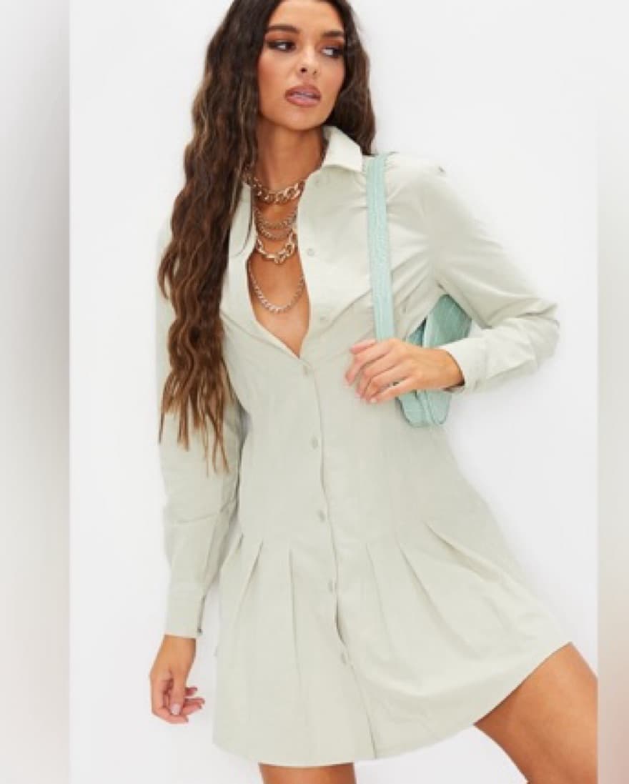 Sage Green Pleated Corset Detail Skater  - Image 1