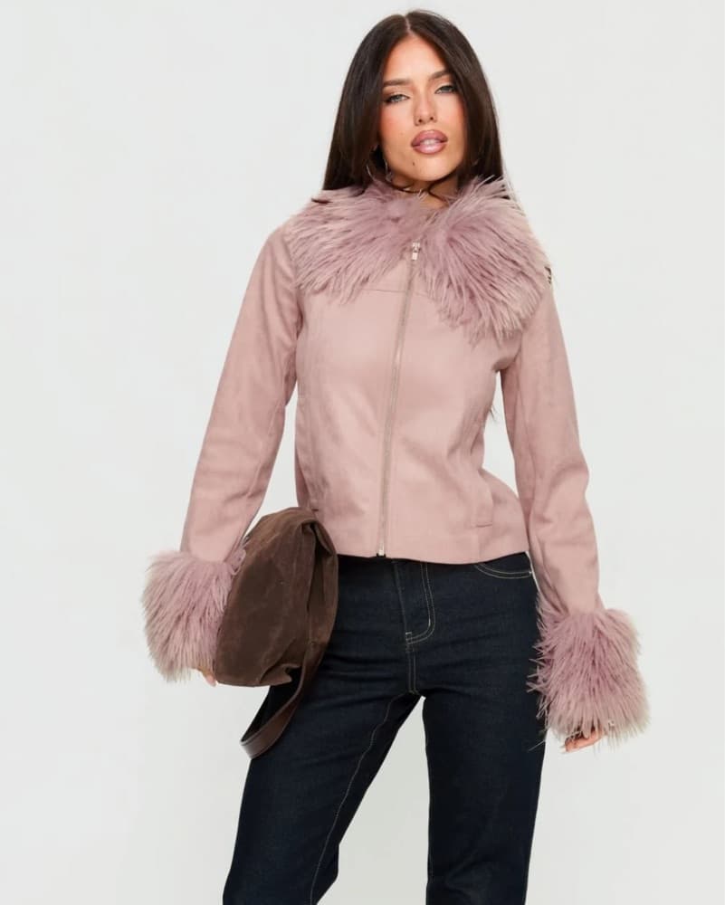 Pink Suede Faux Fur Jacket - Image 3