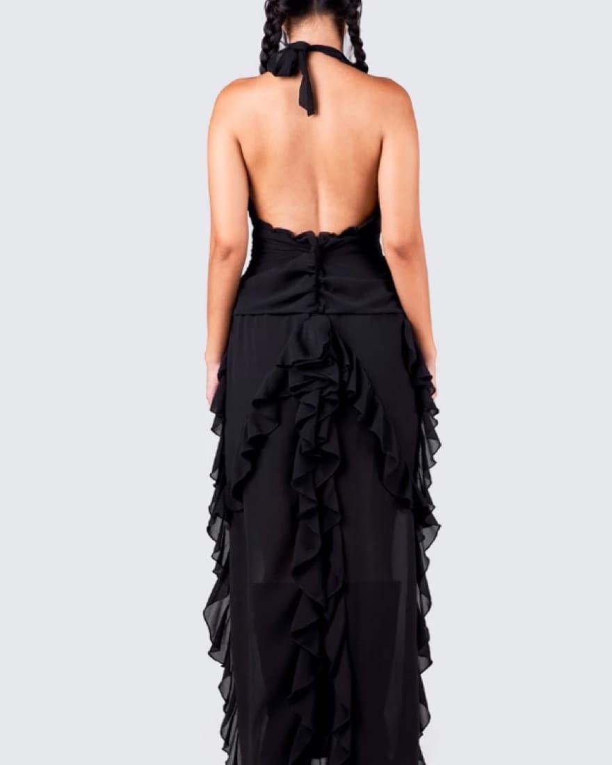Long Halter Black Dress With Ruffles - Image 2