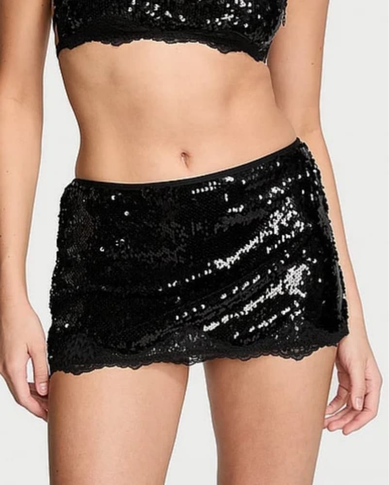 Black Sequin Skirt with Lace Trim - Image 2