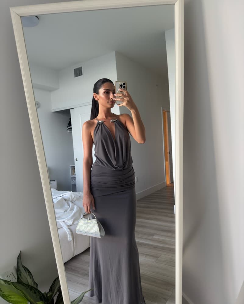 Elegant Gray Ruched Maxi Dress - Image 2