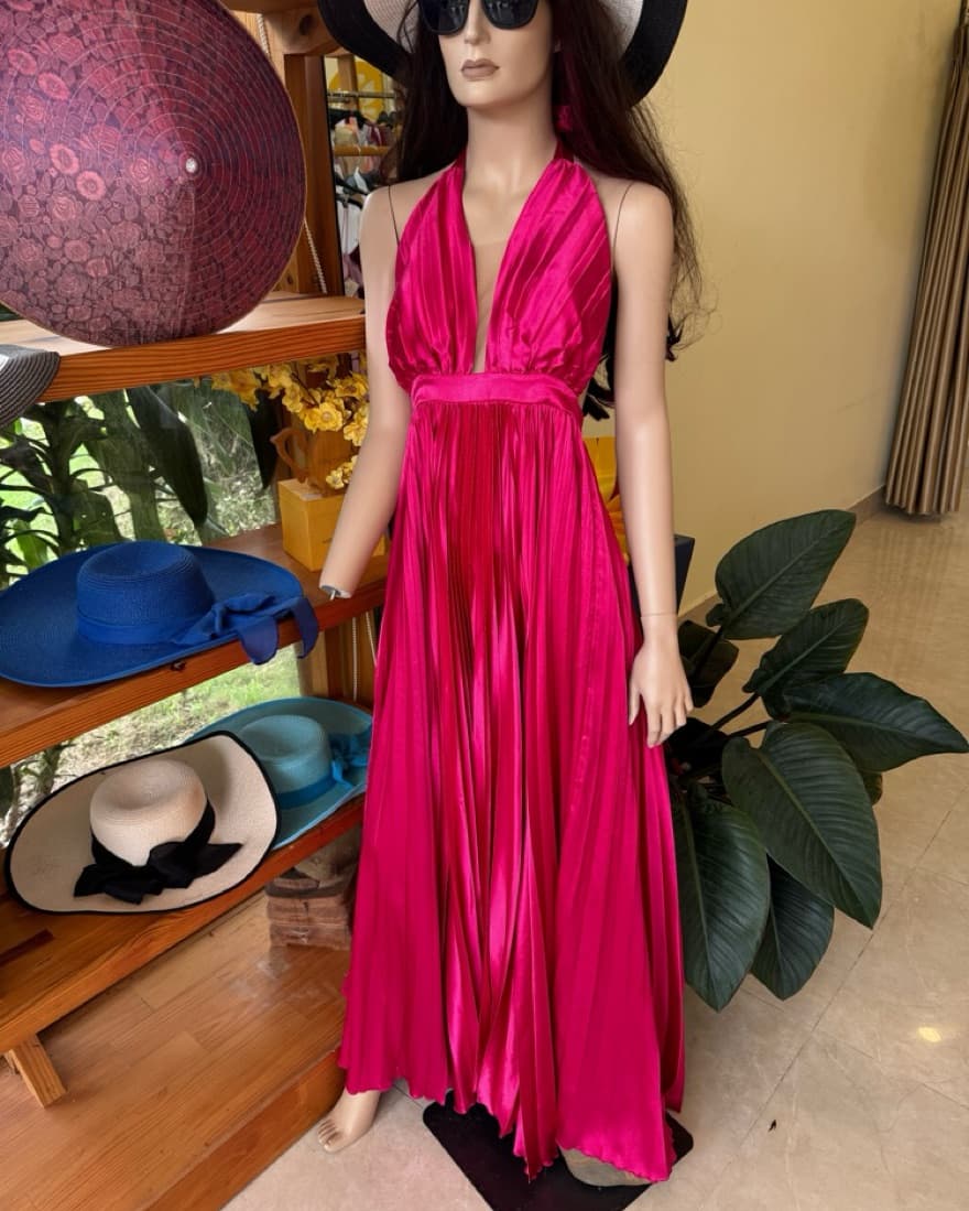 Stunning Fuchsia Pleated Halter Maxi Dress - Image 2