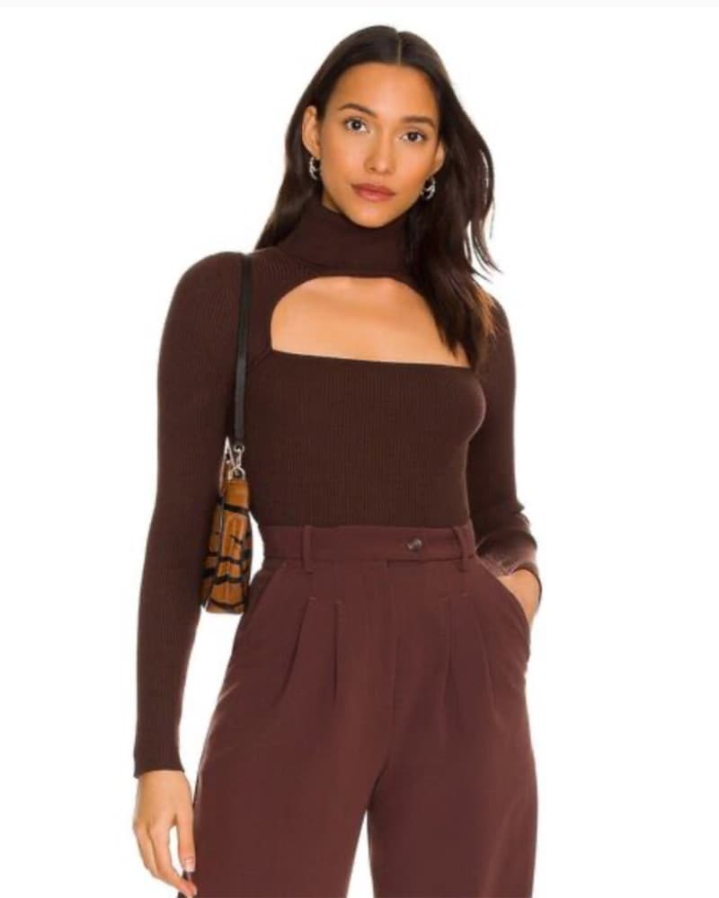 Chic Chocolate Brown Cutout Turtleneck Sweater - Image 1