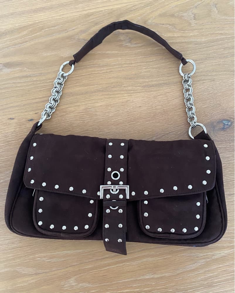 Brown Suede Studded Shoulder Bag - Image 1