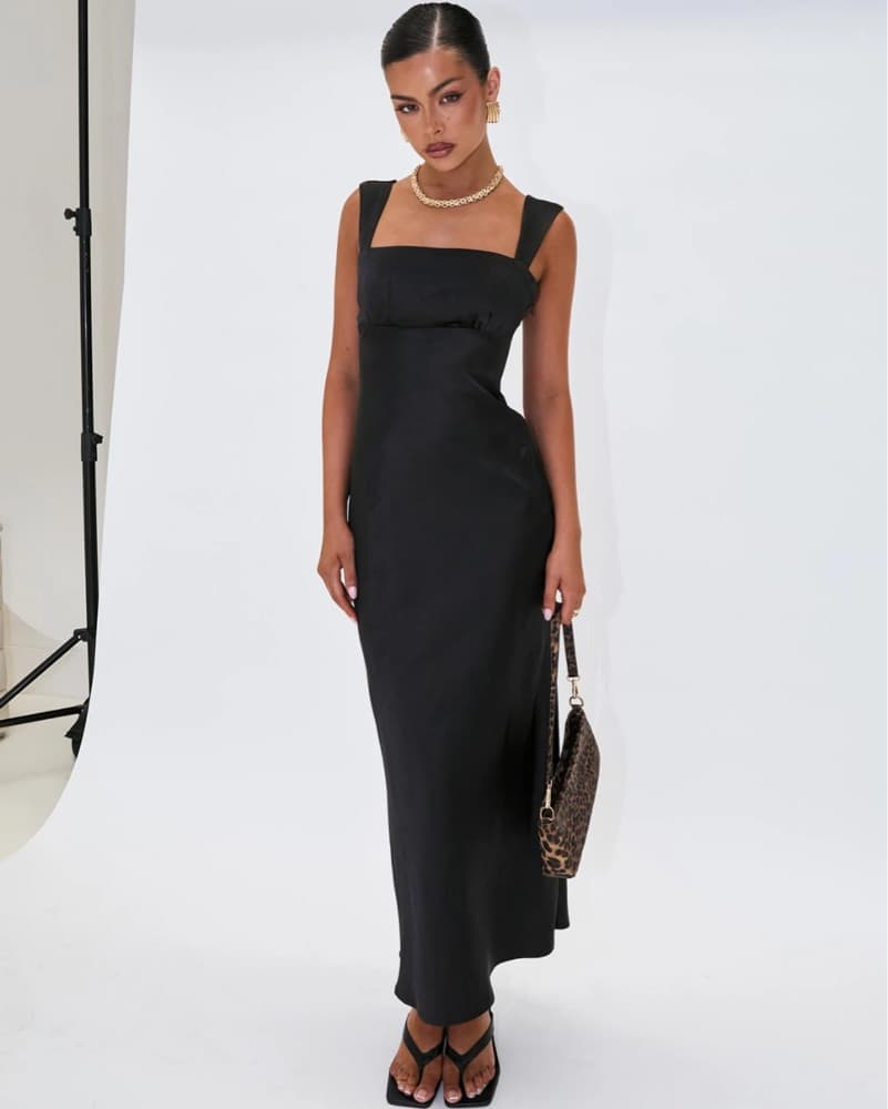 Black Satin Princess Polly Maxi Dress - Image 1