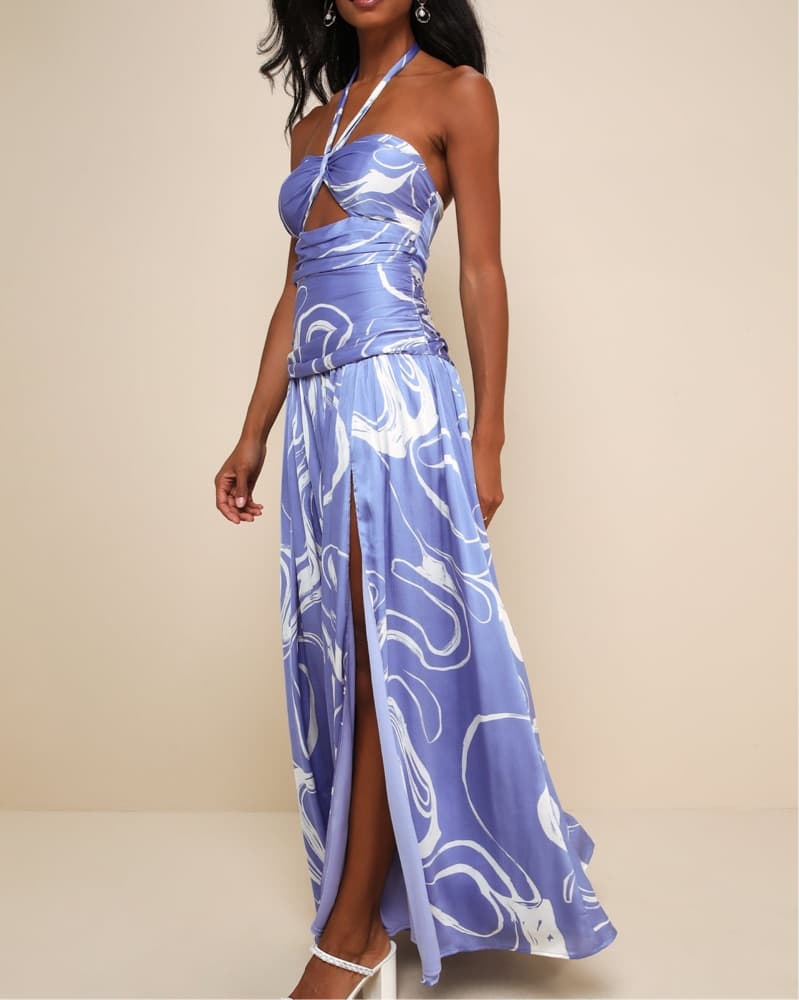 Periwinkle Satin Halter Maxi Dress - Image 1