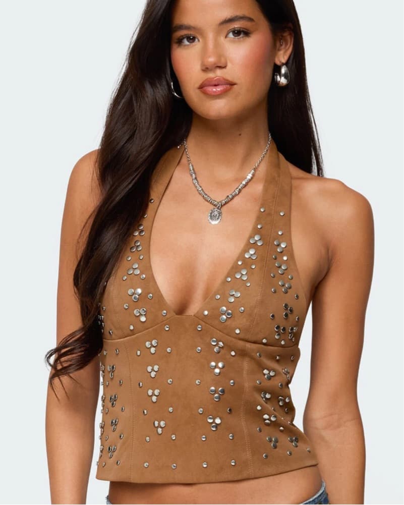Suede Studded Halter Top - Image 1