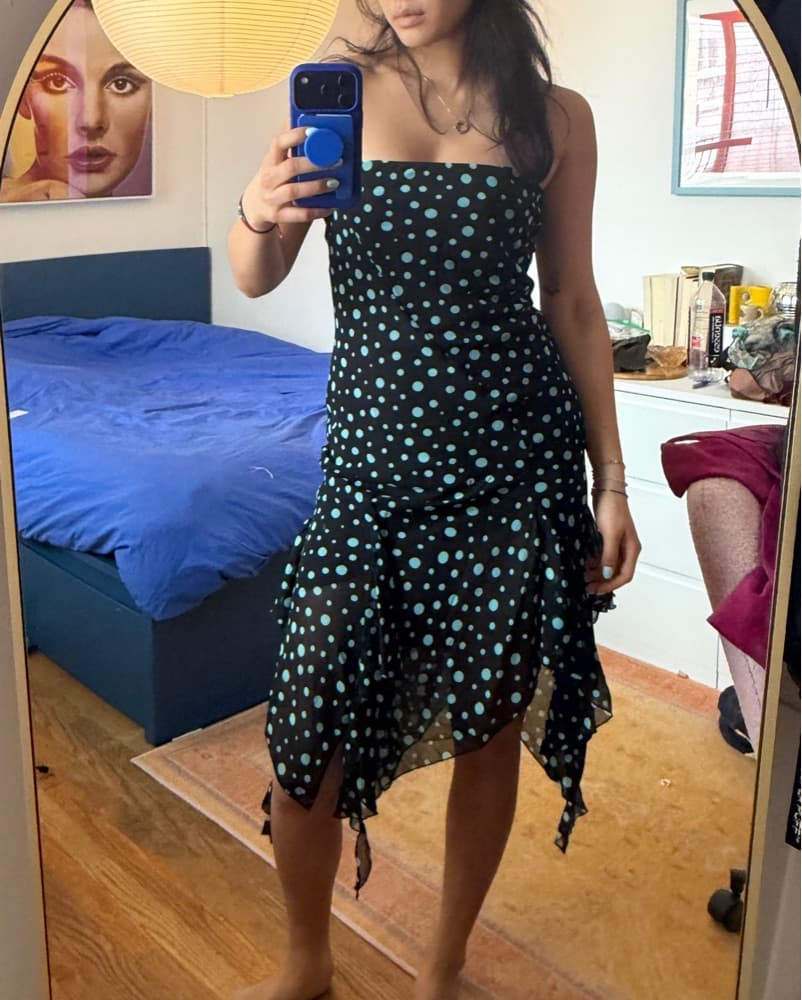 vintage strapless blue polka dot dress - Image 2