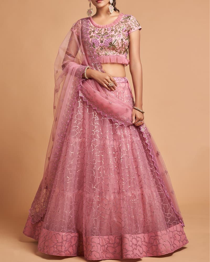 Pink Tulle Embellished Lehenga Choli Set - Image 1