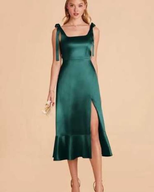 Satin Emerald Midi Slit Dress - Image 1
