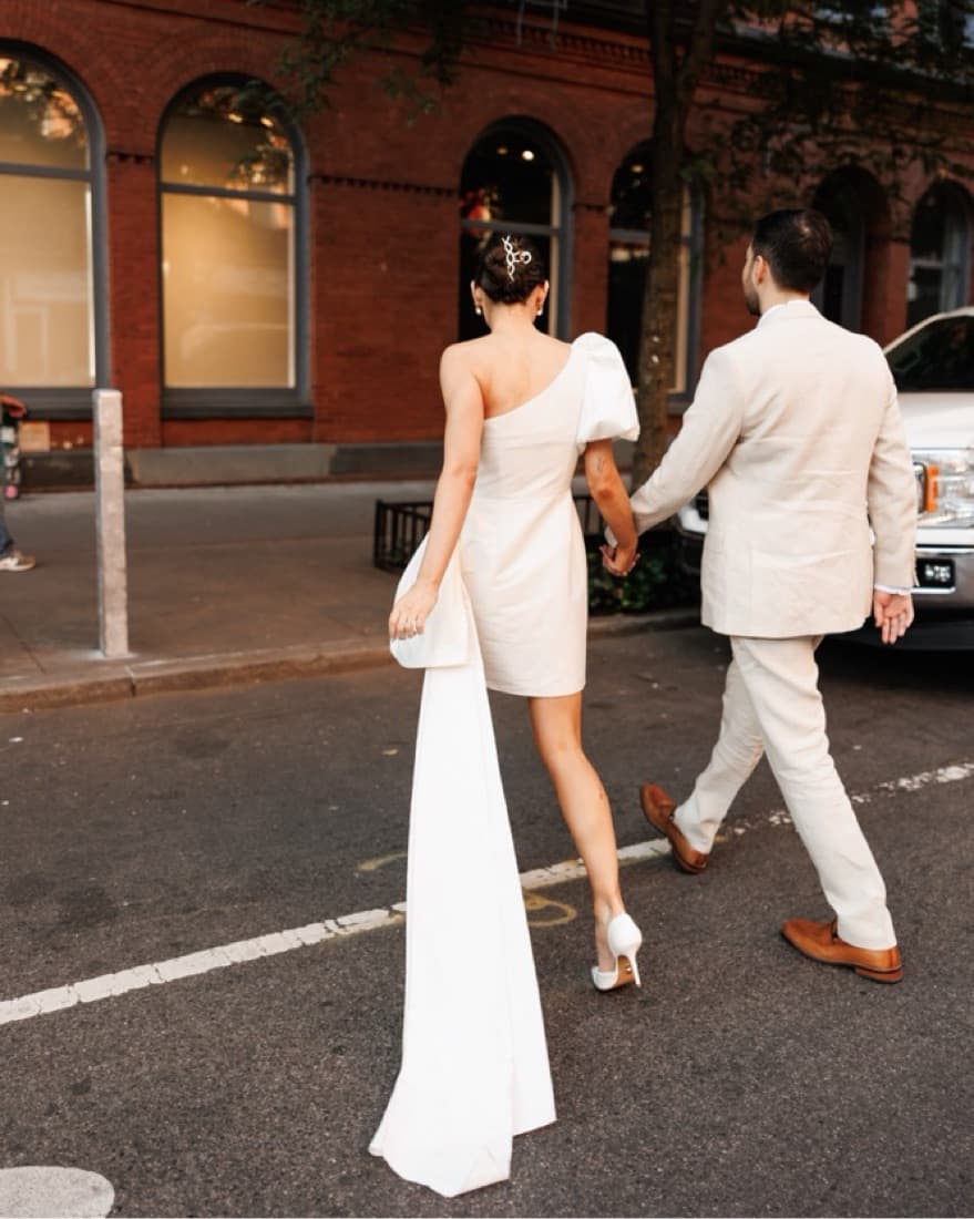 White One Shoulder Dress w/ Bow & Train - Image 4