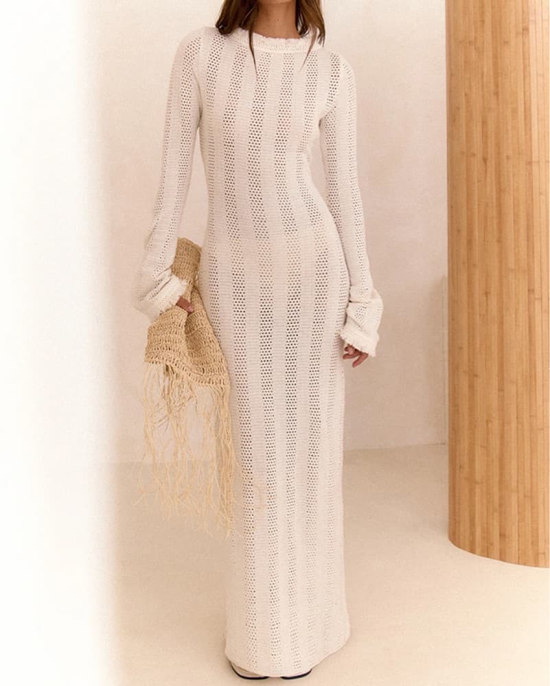 Cream/Wh Textured Frayed Edge Maxi Dress - Image 1