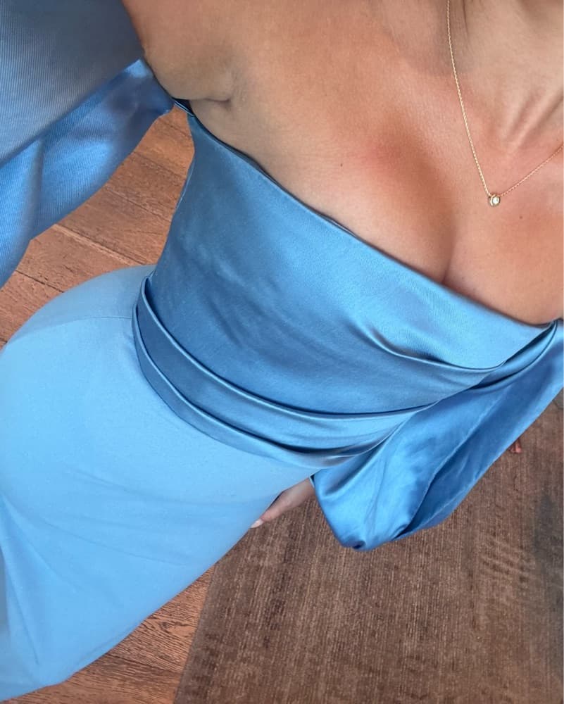 Blue Satin Gown With Puff Sleeves  - Image 2