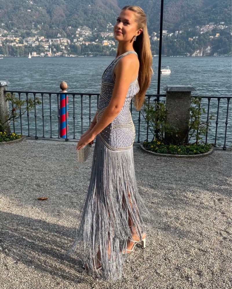 Stunning Beaded Fringed Evening Gown - Image 3