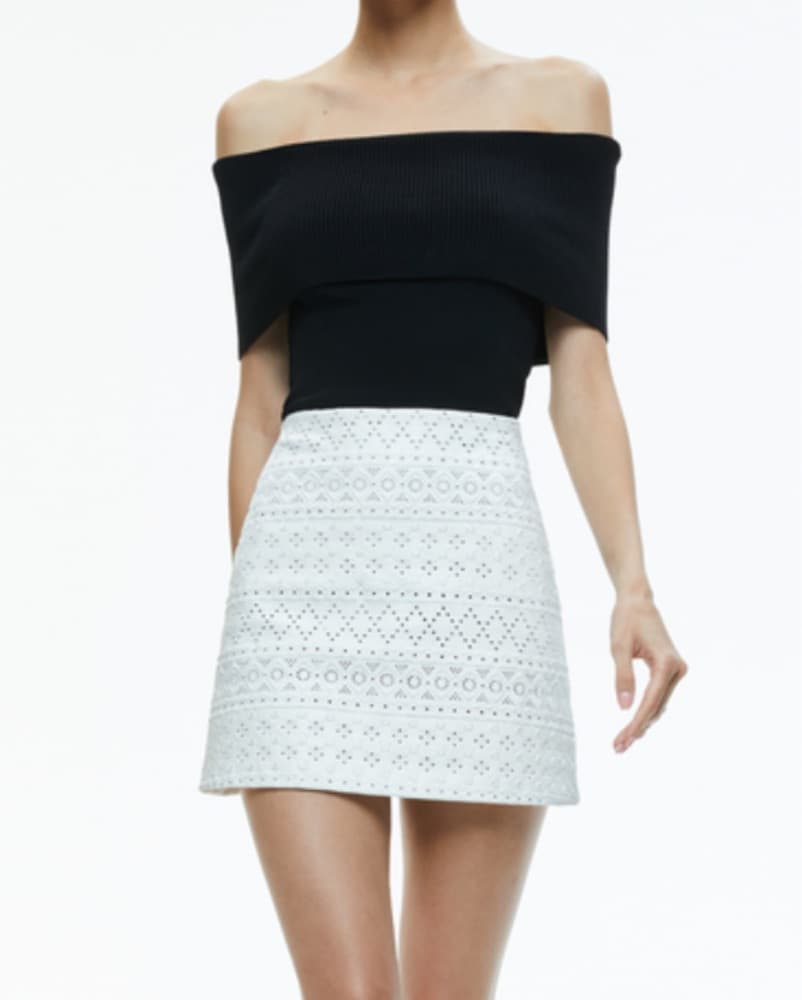 White Leather Eyelet Alice+Olivia Skirt - Image 4