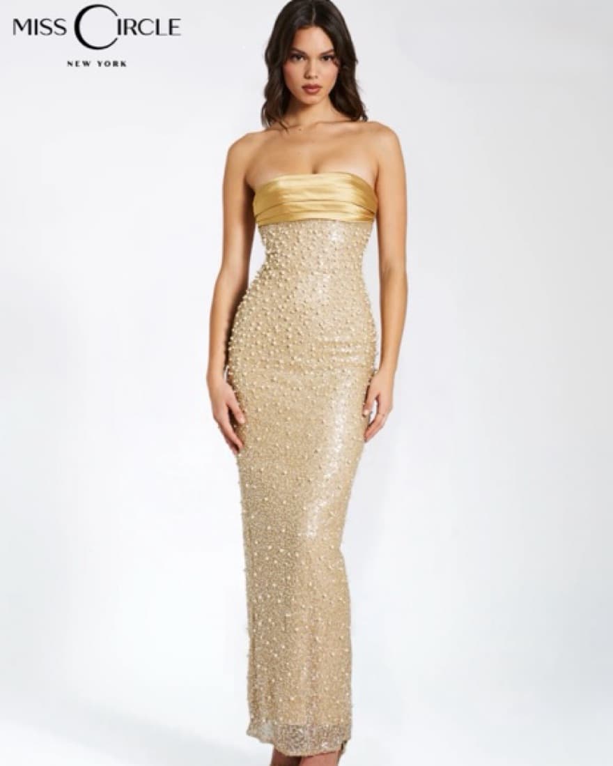 Lainey Gold Satin Sequin Pearl MaxiDress - Image 1