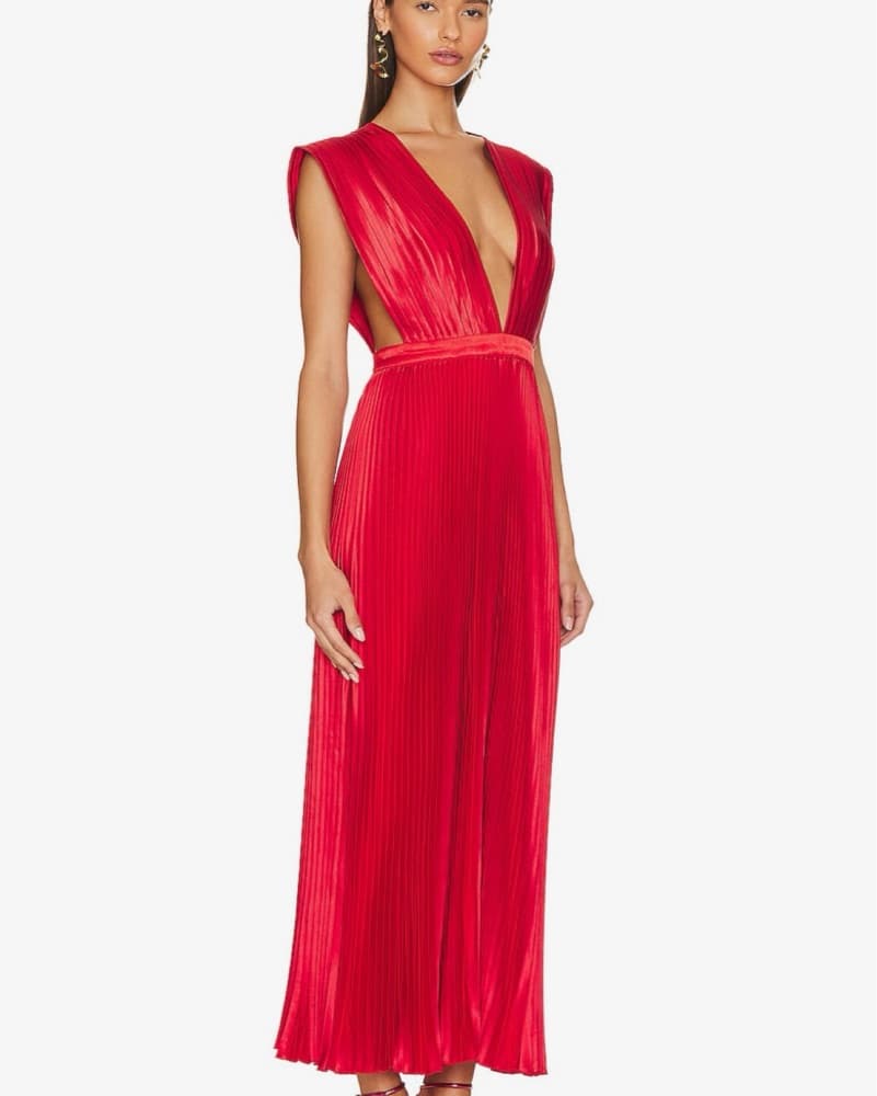 Vibrant Red Pleated Maxi Dress - Image 4