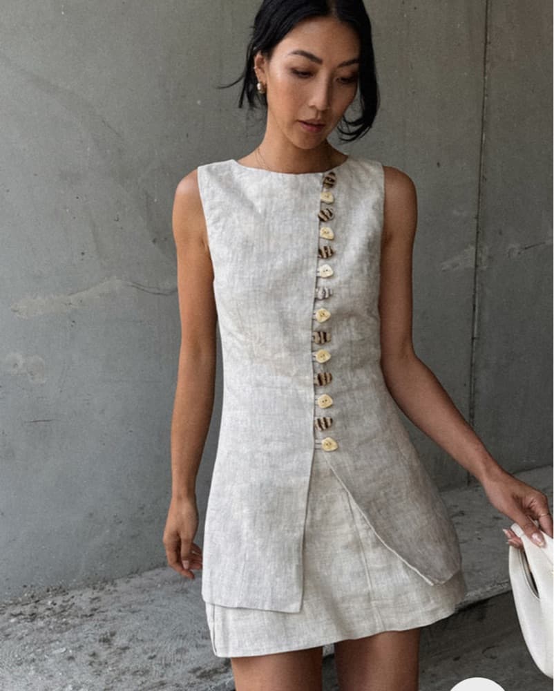 Cream Linen Button-Front Vest set - Image 1