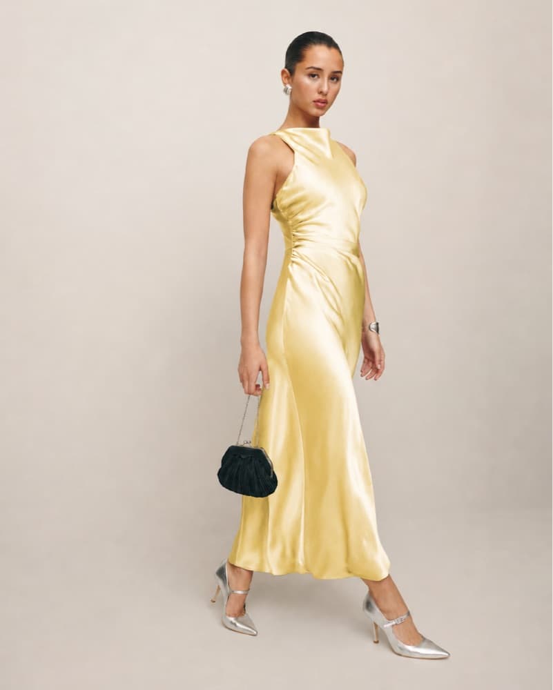 Reformation Butter Yellow Silk midi Dress wedding guest cocktail semi formal - Image 3