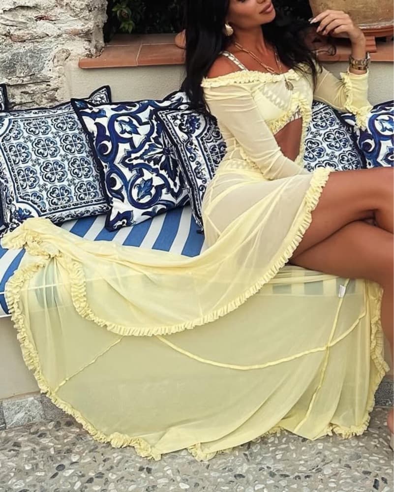 Yellow Sheer Ruffle Maxi Dress - Image 5