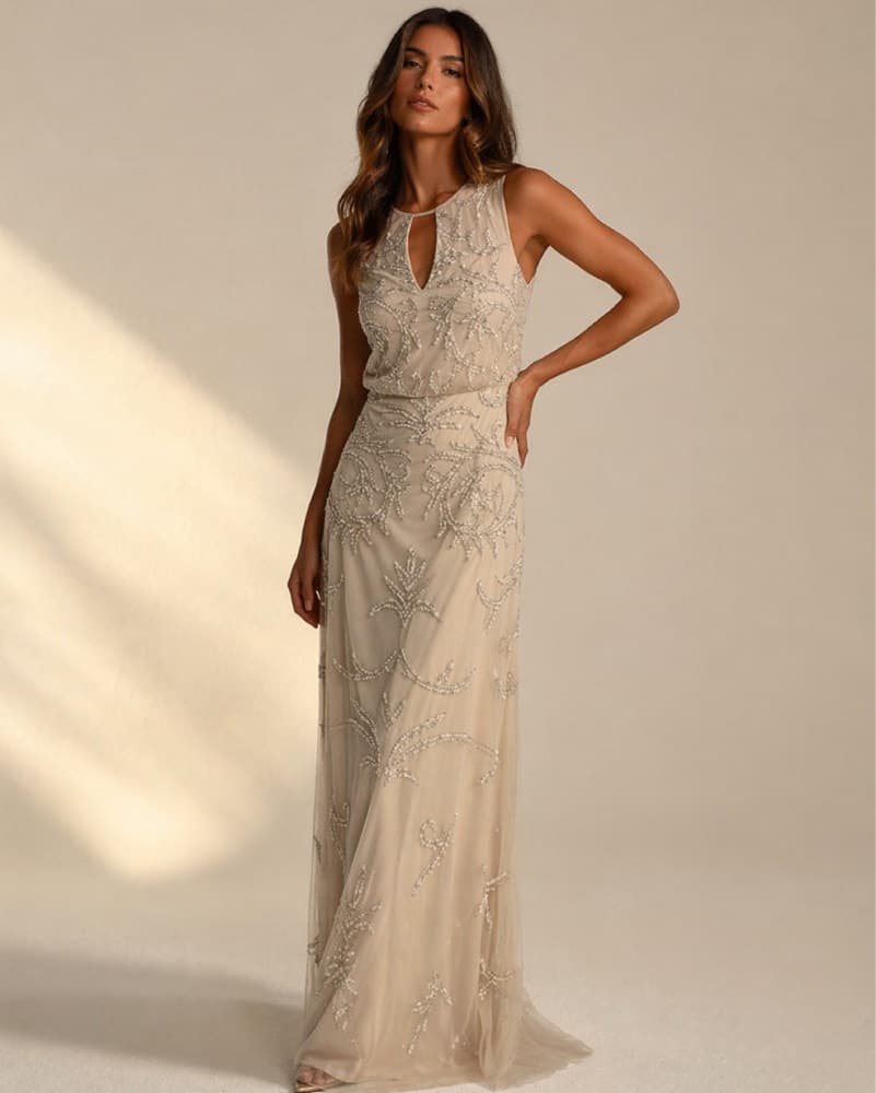 Stunning Champagne Beaded Gown - Image 1
