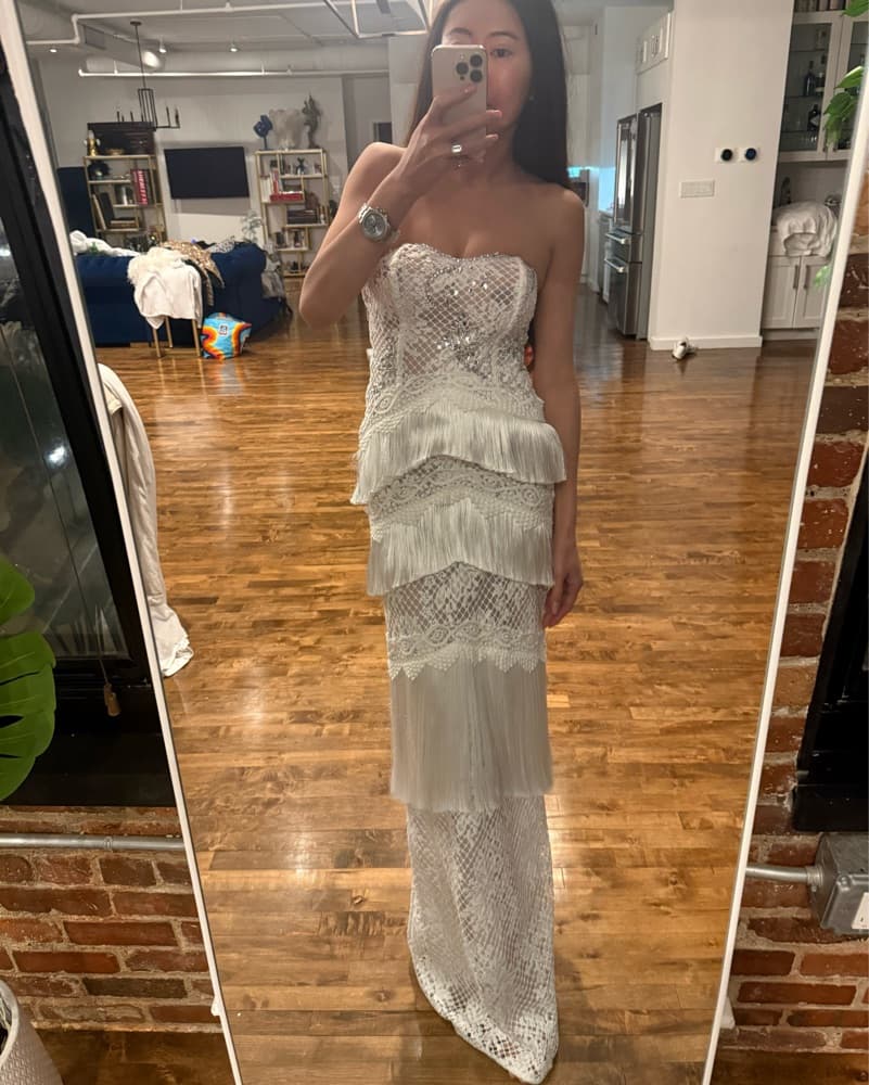 Patbo Beaded White Lace Fringe Gown XS - Image 4
