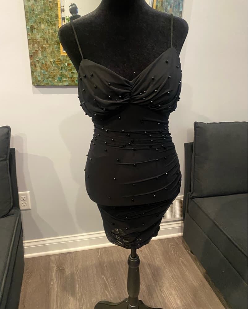 Chic Ruched Black Cocktail Dress - Image 1
