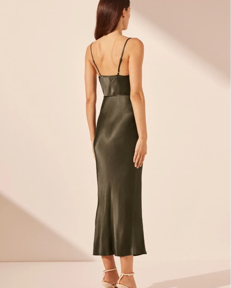 Olive Green Satin Slip Midi Dress - Image 2